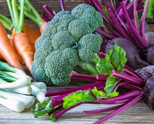 A bunch of vegetables are sitting on the table