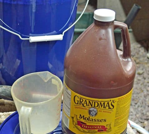 A jug of syrup and a glass of water.