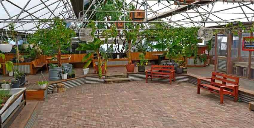 A large open area with benches and tables.