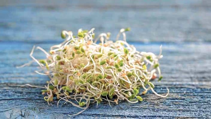 A pile of sprouts sitting on top of a wooden table.