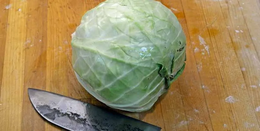 A cabbage sitting on top of a wooden table.
