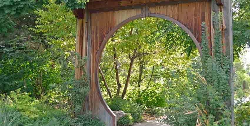 A wooden arch in the middle of a garden.