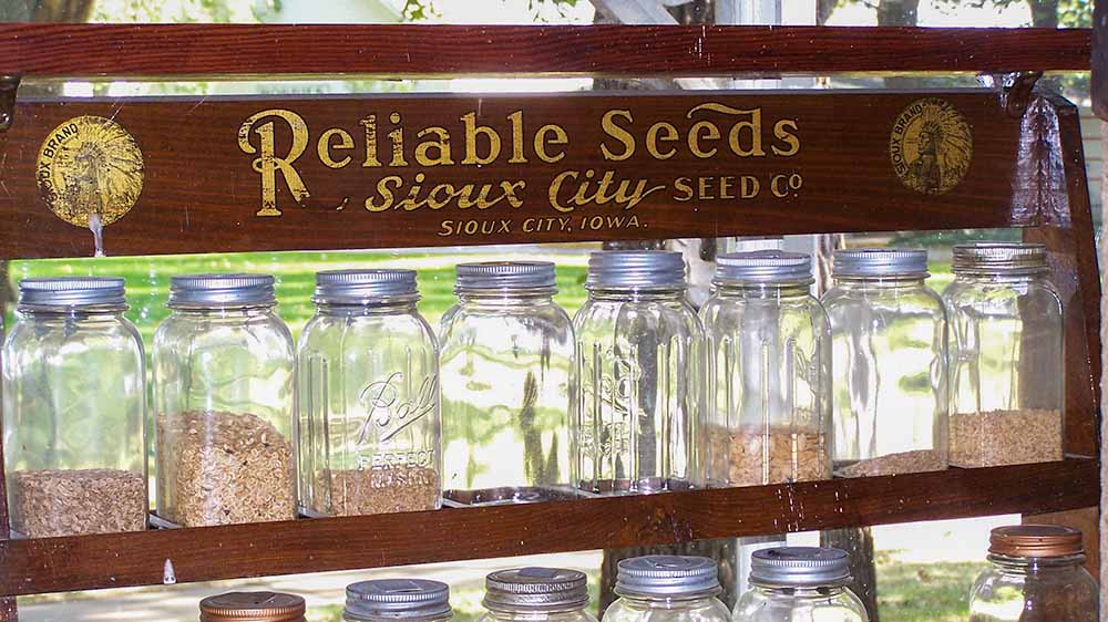 A shelf with many jars of seeds on it.