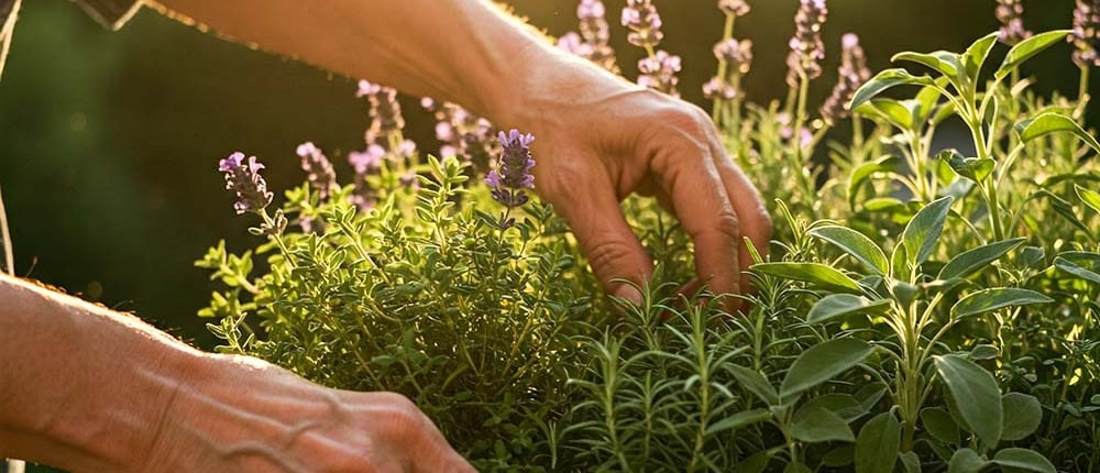 A woman's hands tending kitchen herbs.