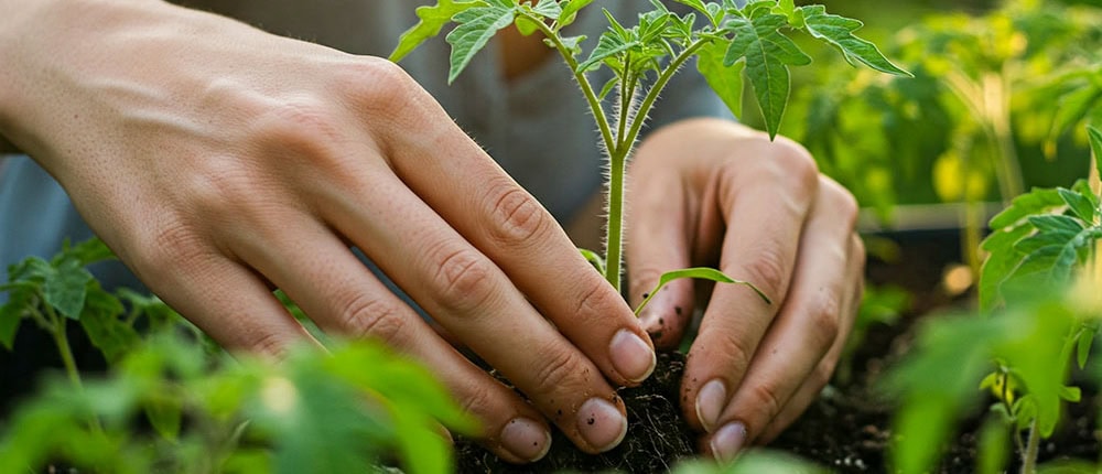 A woman's hands transplanting an heirloom tomato seedling.