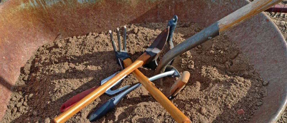 Garden tool cleanup in wheelbarrow of sand.
