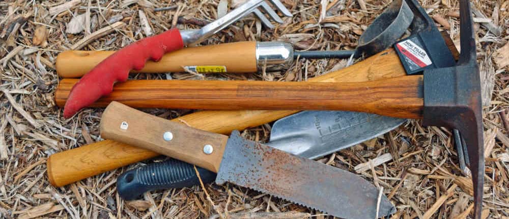 Multiple garden tools ready for clean up.