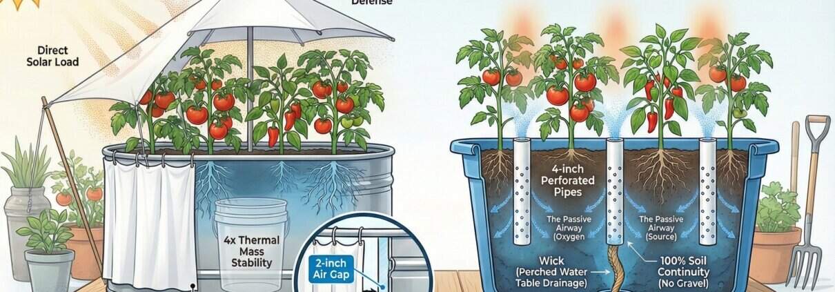Technical cross-section diagram of a regenerative container garden showing the central aeration pipe (Lung), bottom drainage wick, and thermal air gap insulation.