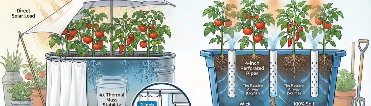 Technical cross-section diagram of a regenerative container garden showing the central aeration pipe (Lung), bottom drainage wick, and thermal air gap insulation.