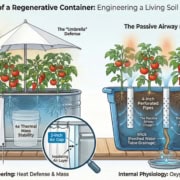 Anatomy of a Regenerative Container Technical cross-section diagram of a regenerative container garden showing the central aeration pipe (Lung), bottom drainage wick, and thermal air gap insulation.