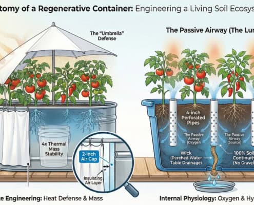 Technical cross-section diagram of a regenerative container garden showing the central aeration pipe (Lung), bottom drainage wick, and thermal air gap insulation.