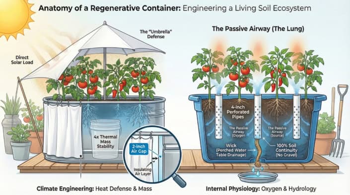 Technical cross-section diagram of a regenerative container garden showing the central aeration pipe (Lung), bottom drainage wick, and thermal air gap insulation.
