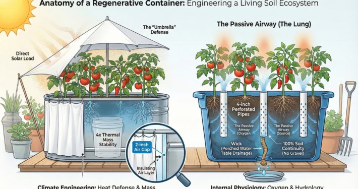 Technical cross-section diagram of a regenerative container garden showing the central aeration pipe (Lung), bottom drainage wick, and thermal air gap insulation.