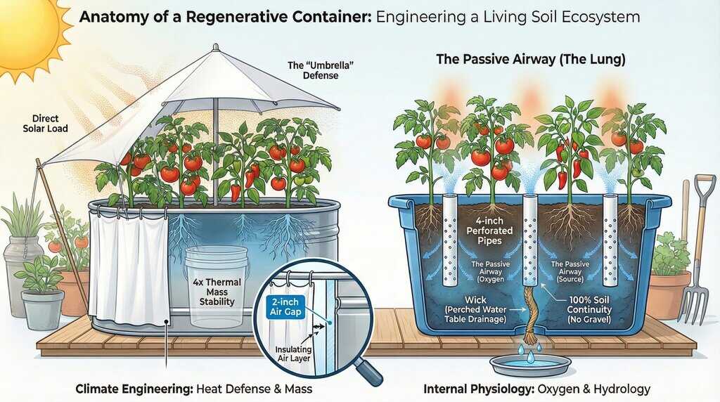 Technical cross-section diagram of a regenerative container garden showing the central aeration pipe (Lung), bottom drainage wick, and thermal air gap insulation.