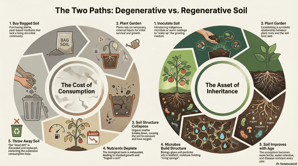 Comparison flowchart of two soil cycles. Left (Degenerative): Buying bagged soil, depletion, and disposal. Right (Regenerative): Inoculation, root feeding, and compounding soil fertility over time.