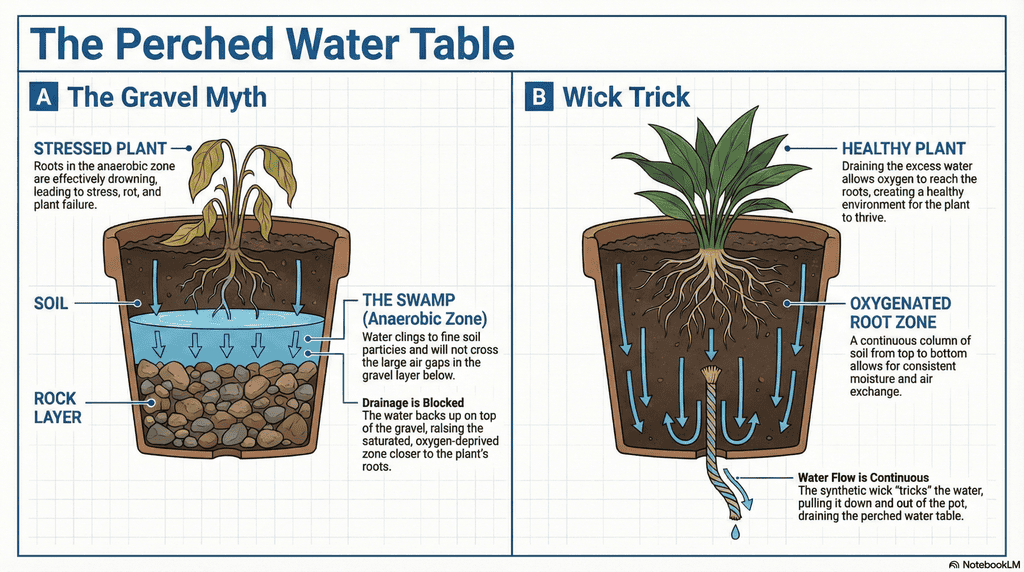 Side-by-side comparison of pot drainage physics. Left: Gravel layer causes water to pool and rot roots (The Swamp). Right: A fabric wick restores drainage by pulling water down (The Flow).