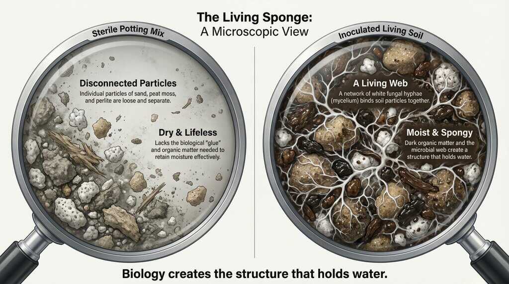 Microscope view comparing sterile potting mix (dry dust particles) versus inoculated living soil (connected by web-like fungal mycelium).