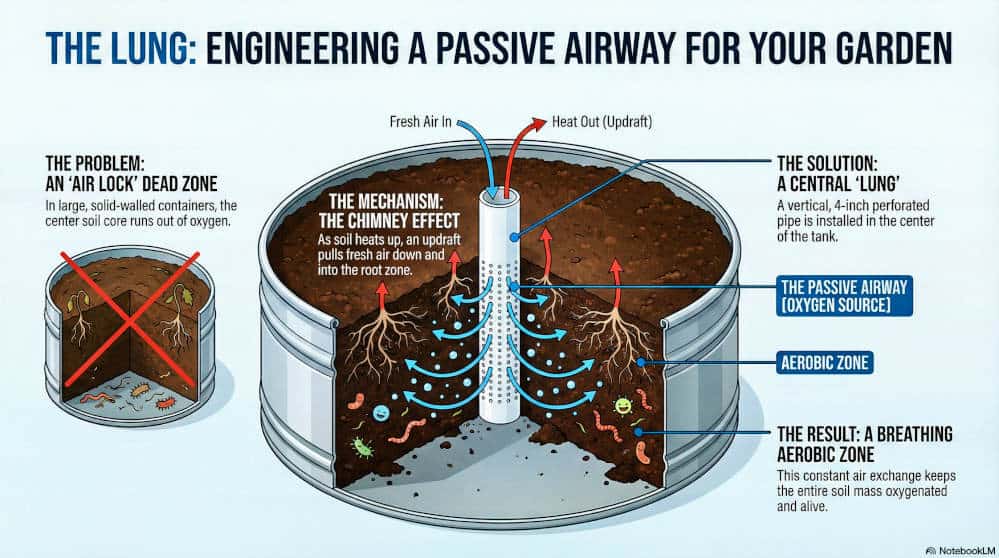 Technical diagram illustrating the "Lung" concept: a central 4-inch perforated pipe installed in a container garden. Blue arrows demonstrate fresh oxygen entering the root zone, while red arrows show heat venting out via the chimney effect, resolving the oxygen-starved "dead zone" problem shown in the inset.