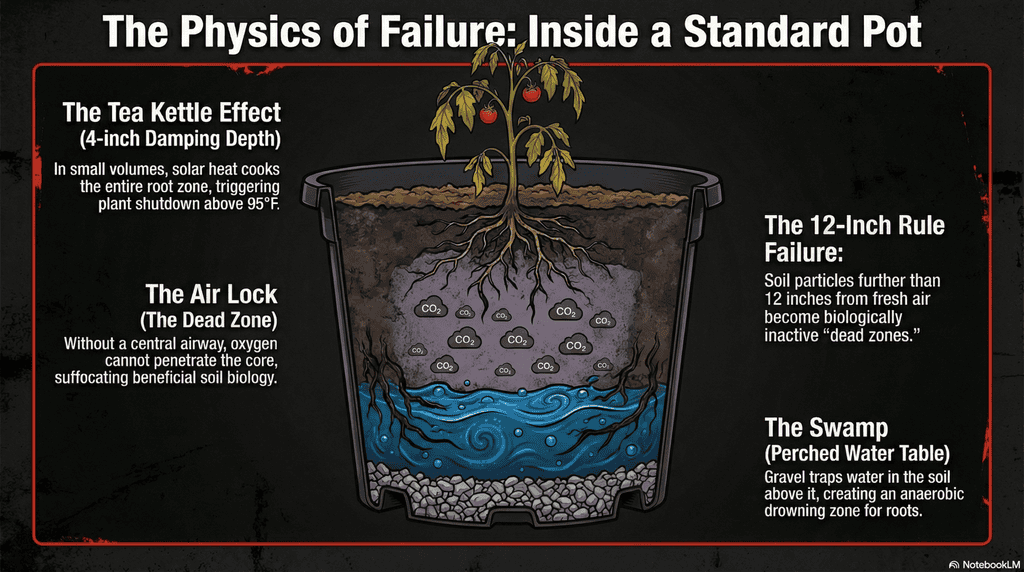 Diagram showing the invisible problems in a standard pot: a "perched water table" of stagnant water at the bottom and an oxygen-starved "dead zone" in the center.