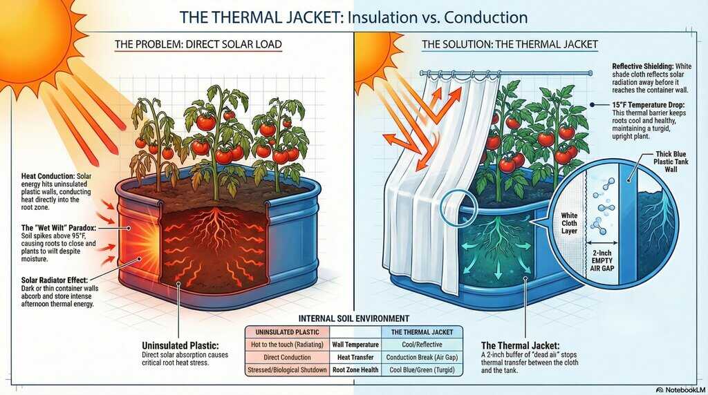 Split-screen illustration showing a blue stock tank. Left: Uninsulated wall conducting heat. Right: White shade cloth with a 2-inch air gap reflecting heat.
