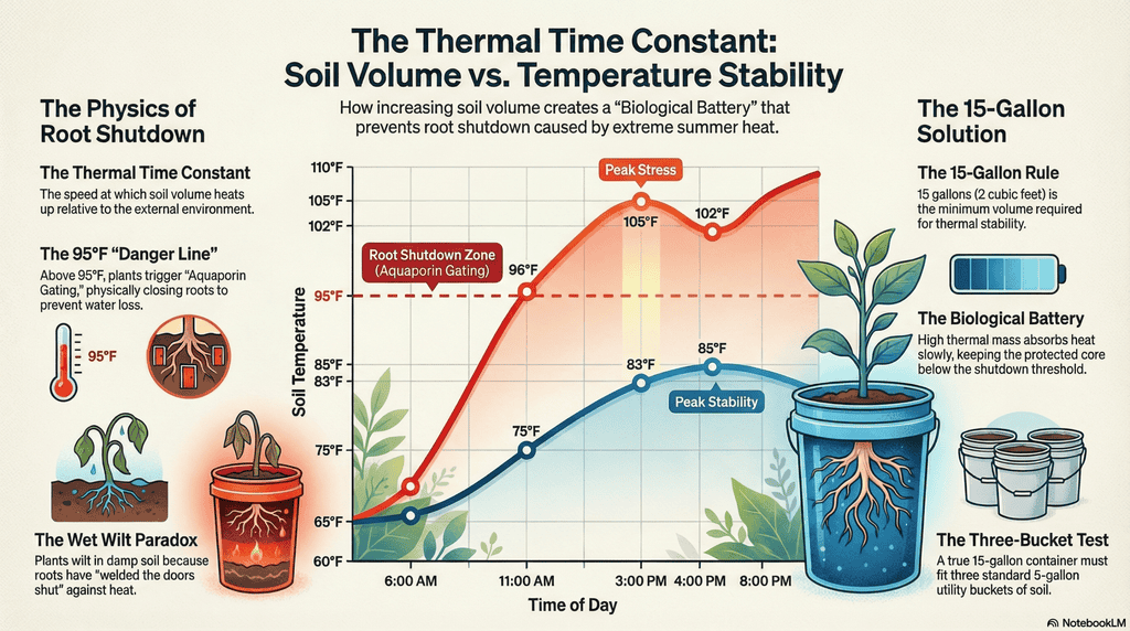 Chart comparing soil temperature in a 5-gallon pot versus a 15-gallon tank. The small pot spikes above 95 degrees F (Root Shutdown), while the large tank stays cool.